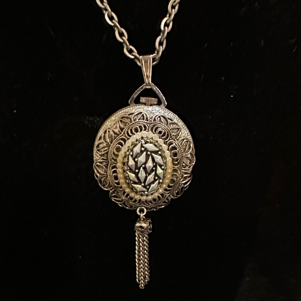 Vintage Elegant Silver and Black Filigree Woldman Watch Necklace